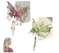 Butterfly Tears Tassel Hair Clip, Elegant Shiny Silk Butterfly Rose Tassel Hair Claw for Girls Teens, Large Handmade Vintage Hairs Tassels Clips for Parties, Weddings, Gifting (A+C)