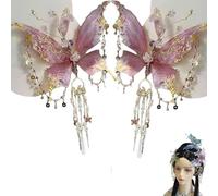 Butterfly Tears Tassel Hair Clip, Large 3D Fairy Wing Hair Clips for Women, Beaded Butterfly Hair Claws with Moving Wings, Cute Hairstyle Accessories (2PCS-pink)