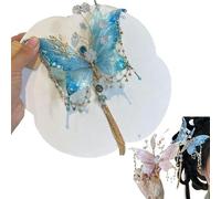 Butterfly Tears Tassel Hair Clip, Large Fairy Wing Hairs Clips, 3D Moving Wings Hair Clips, Butterfly & Beaded Design Hairs Claws for Hairstyles (Blue)