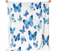 Butterfly Throw Blanket Blue Butterfly Microfiber Fleece Blanket Warm Soft Single Plush Throw Blankets for Sofa Couch Bed Sofa Chair, Flannel Blankets 130 x 150 cm for Kids Teens L867
