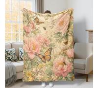 Butterfly Throw Blanket, Vintage Botanical Peony Bee Spring Peach Plush Blanket Lightweight Compact Aesthetic for Couch Sofa Bed Living Room Office Lap 50x60 Inch