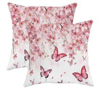 Butterfly Throw Pillow Covers Set of 2 Cherry Blossoms Floral Elegant Aesthetic Spring Aesthetic Pink Soft Velvet Standard Size Bedroom Office Indoor Room Dorm Cozy Pillow case 18x18inch