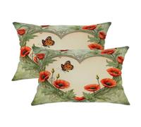 Butterfly Throw Pillow Covers Set of 2, Romantic Vintage Poppy Leaf Spring Red with Hidden Zipper Accents Pillows Cases for Living Room Bed Office Sofa Chair Decor 20x12 Inch