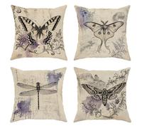 Butterfly Throw Pillow Covers Set of 4, Vintage Artistic Moth Dragonfly Spring Violet with Hidden Zipper Cushion Covers Pillow for Living Room Bed Office Sofa Chair Decor 20x20 Inch