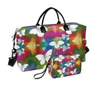Butterfly Travel Duffle Bag Gym Bag, White Butterflies Multicolored Background Weekender Bags for Women with Toiletry Bag Travel Tote Bag Swim Bag