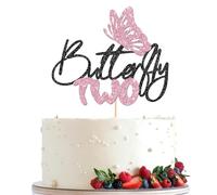 Butterfly Two Cake Topper Happy 2nd Birthday Cake Topper-Glitter Butterfly theme 2nd/two Birthday baby baptism Cake Decor Supplies (2nd, Pink)