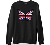 Butterfly Union Jack Flag Printed Sweatshirt - Black - Kids - 11-13Y - Union Jack England Jumper - Butterfly Lover Sweater - Splash Colour Sweatshirt - Great Britain Culture Celebration Gifts