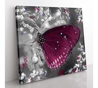 Butterfly Upon a Flower in Abstract Modern Canvas Wall Art Print Ready to Hang, Framed Picture for Living Room Bedroom Home Office Décor, 35x35 cm (14x14 Inch)