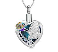 Butterfly Urn Necklaces for Ashes Heart Roseflower Crystal Cremation Jewelry Stainless Steel Keepsake Memorial Urn Pendant Necklace for Ashes Holder Jewellery Gift for Women Men (Rainbow-blue)