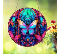 Butterfly Valley Stained Windows Hanging Suncatcher,Flower Butterfly Stained Glass Suncatchers Window Ornament Glass Panel Sun Catcher Wall Hanging Decor Birthday Gift