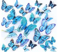 Butterfly Wall Sticker Decor 24PCS 3D Butterflies Stickers for Party Decorations with Magnets and Gum Removable and Reusable (Blue)