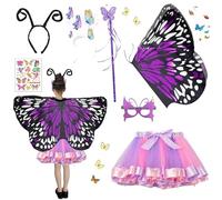 Butterfly Wings Kids Costume, Butterfly Wings Girls Fancy Dress Up Set with Tutu Skirt Butterfly Headband Mask Fairy Wands Tattoos Carnival Halloween Cosplay Fantasy Dress (Purple)