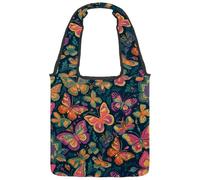Butterfly with Leaf Pattern Reversible Canvas Shoulder Tote - Double-Sided Print, 12oz Cotton, 27cm Drop, Fold-Flat Bag for Travel, Shopping, Street Outings