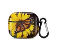 Butterflys on The Sunflowers Bluetooth Earbuds Case Cover Full Body Shockproof Protection Hard Case Support Wireless Charging with Keychain Personalized Gift for AirPods 3