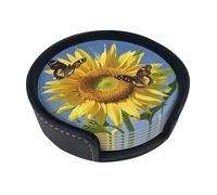 Butterflys On The Sunflowers Coasters For Drinks Set Of 6 Leather Tea Cup Coaster Drink Coasters For Cup Kitchen Bar Home Decor Housewarming Gift