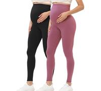 Buttergene Women's Maternity Leggings Over The Belly Pregnancy Active Wear Workout Yoga Tights Pants, 2pack Black/Dark Pink, S