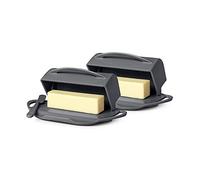 Butterie Flip-Top Butter Dish with Lid & Matching Knife, 2-pack, No-Mess, Holds 2 Sticks/Kerrygold Butter, Shatterproof, Dishwasher Safe, Gray