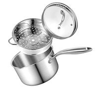 Buttermelt 1.5 Quart Stainless Steel Saucepan with Steamer Basket, Tri-ply Full Body, Multipurpose Sauce Pot with Two-Size Drainage Holes Lid, Perfect For Boiling Gravies, Pasta, Noodles