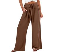 Buttery Soft Drawstring Elasticated Waist Trousers Wide Leg Fashionable Solid Color Printed Lounge Pants Linen Cotton Trousers for Womens Summer Loose Lightweight Hawaiian Pants Casual Palazzo Brown