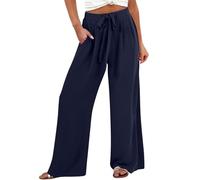 Buttery Soft Drawstring Elasticated Waist Trousers Wide Leg Fashionable Solid Color Printed Lounge Pants Linen Cotton Trousers for Womens Summer Loose Lightweight Hawaiian Pants Casual Palazzo Navy