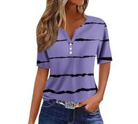 Button Decoration Breathable Tunics Woman's Short Sleeve Stylish Tee Shirt Extra Long Thin V-Neck Festival Stripe Baggy Beach Tee Shirts Ladies