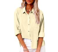 Button Down Blouse Women Long Sleeve Oversized Shirt Casual Tops with Breast Pocket Solid Loose Office Work Tunic Tops Baggy Pullover Shirts Going Out Tees Shirts Holiday Vacation C-Yellow, S