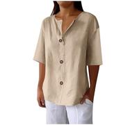 Button Down Blouses for Women Summer Shirts Cotton Linen Blouse Ladies Tops Casual Crew Neck Short Sleeve T Shirt Loose Dressy Tunic Clothing Office Work Baggy Solid Plain Linen Shirts Sale Clearance