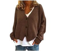Button Down Cardigan Women Plus Size Knitted Sweater Jacket Long Sleeve Solid Jumper Cardigan V Neck Loose Lightweight Sweater Plain Ribbed Cuffs Knitted Open Front Coats Fall Clothing Coffee S