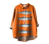 Button Down Cotton Linen Shirts Loose Flowy Square Linen T Shirt for Women's Vintage Fish Art Print Lapel Neck Button Blouses Long Sleeves Casual Tops Shirts and Blouses (Orange-B, XL)