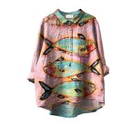 Button Down Cotton Linen Shirts Loose Flowy Square Linen T Shirt for Women's Vintage Fish Art Print Lapel Neck Button Blouses Long Sleeves Casual Tops Shirts and Blouses (Pink, M)