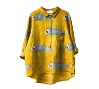 Button Down Cotton Linen Shirts Loose Flowy Square Linen T Shirt for Women's Vintage Fish Art Print Lapel Neck Button Blouses Long Sleeves Casual Tops Shirts and Blouses (Yellow, XXXL)