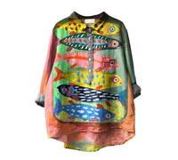Button Down Cotton Linen Shirts Loose Flowy Square Linen T Shirt for Women's Vintage Fish Art Print Lapel Neck Button Blouses Long Sleeves Casual Tops Shirts and Blouses (Pink-B, L)