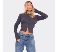 Button Down Detail Top In Charcoal Grey Rib, Women's Size UK 14