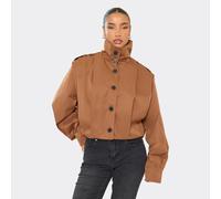 Button Down Pleated Detail Cropped Trench Coat In Brown, Women's Size UK S