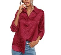 Button Down Satin Blouses for Women, Women's Elegant Jacquard Long Sleeve Satin Button Down Shirt Blouse Top (Rose Red,M)