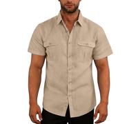 Button Down Shirt Men Short Sleeve Shirts Lapel Collar Work Shirt with Two-Pockets Summer Shirts Relaxed Fit Casual Blouse Top Retro Fashion Beach Tops Breathable Blouse Top Beige