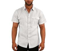Button Down Shirt Men Short Sleeve Shirts Lapel Collar Work Shirt with Two-Pockets Summer Shirts Relaxed Fit Casual Blouse Top Retro Fashion Beach Tops Breathable Blouse Top White