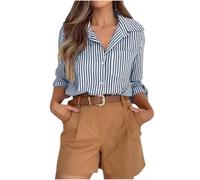 Button Down Shirt Women Striped Collared Blouse Roll Up Long Sleeve Knotted Oversized Shirts Womens Blouses Casual Loose Fit Tops with Pocket, Ladies Work Office Fashion Navy