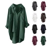 Button Down Shirts for Women UK Lightweight Linen Cotton Blouse with Pocket Casual Loose Fit Long Sleeve Dressy Tunic Tops Longline Oversized Solid Color Daily Vacation Tee Shirt (A1-Green, M)