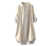 Button Down Shirts for Women UK Lightweight Linen Cotton Blouse with Pocket Casual Loose Fit Long Sleeve Dressy Tunic Tops Longline Oversized Solid Color Daily Vacation Tee Shirt (A4-Beige, XXL)