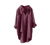 Button Down Shirts for Women UK Lightweight Linen Cotton Blouse with Pocket Casual Loose Fit Long Sleeve Dressy Tunic Tops Longline Oversized Solid Color Daily Vacation Tee Shirt (A1-Red, XXXXXL)