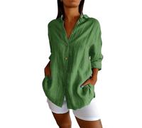 Button Down Shirts for Women UK Lightweight Linen Cotton Blouse with Pocket Casual Loose Fit Long Sleeve Oversized Tunic Tops Plus Size Solid Color Jacket for Daily Office Tee Shirt (Green, XXL)