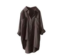 Button Down Shirts for Women UK Lightweight Linen Cotton Blouse with Pocket Casual Loose Fit Long Sleeve Dressy Tunic Tops Longline Oversized Solid Color Daily Vacation Tee Shirt (A1-Coffee, XXL)