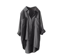 Button Down Shirts for Women UK Lightweight Linen Cotton Blouse with Pocket Casual Loose Fit Long Sleeve Dressy Tunic Tops Longline Oversized Solid Color Daily Vacation Tee Shirt (A1-Grey, L)