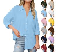 Button Down Shirts for Women UK Sale Clearance Lightweight Linen Cotton Blouse with Pocket Casual Loose Fit Long Sleeve Tunic Tops Oversized Solid Color Tee Shirt Jacket for Daily Vacation Office