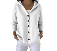 Button Down Sweater Hoodies for Women Long Sleeve Cardigan Sweaters-Solid Color Casual Open Front Loose Hooded Sweaters (White,M)