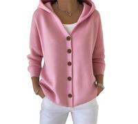 Button Down Sweater Hoodies for Women Long Sleeve Cardigan Sweaters-Solid Color Casual Open Front Loose Hooded Sweaters (Pink,L)