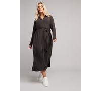Button Front Ribbed Tie Waist Midi Dress Yours Brown 14