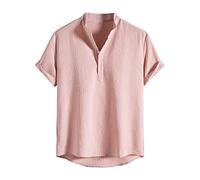 Button Stand-Up Collar Shirts for Men UK Cotton Short Sleeve Striped Printed T-Shirts Button Lightweight Regular Fit Tee Tops Pink