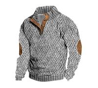 Button Sweatshirt Men, Loose Buttons Stand Collar Sweatshirts Long Sleeve Outerwear With Elbow Patch Sweater Knit Sweater Pullover Stand Collar Thick Warm Clothing Tops Stretchy Sportwears Grey